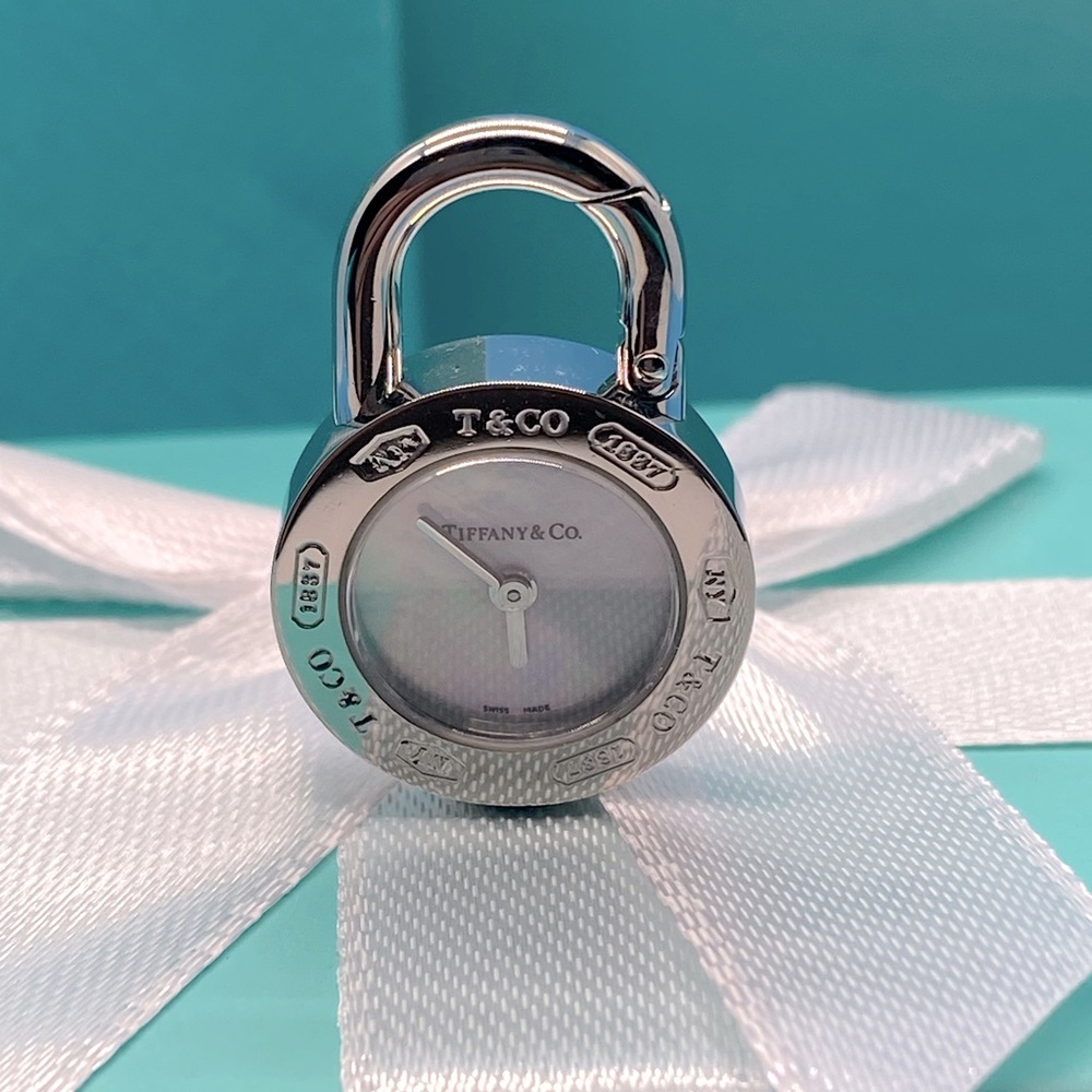 Tiffany & Co 1837 Round Watch Charm Pendant Mother of Pearl Face Padlock.